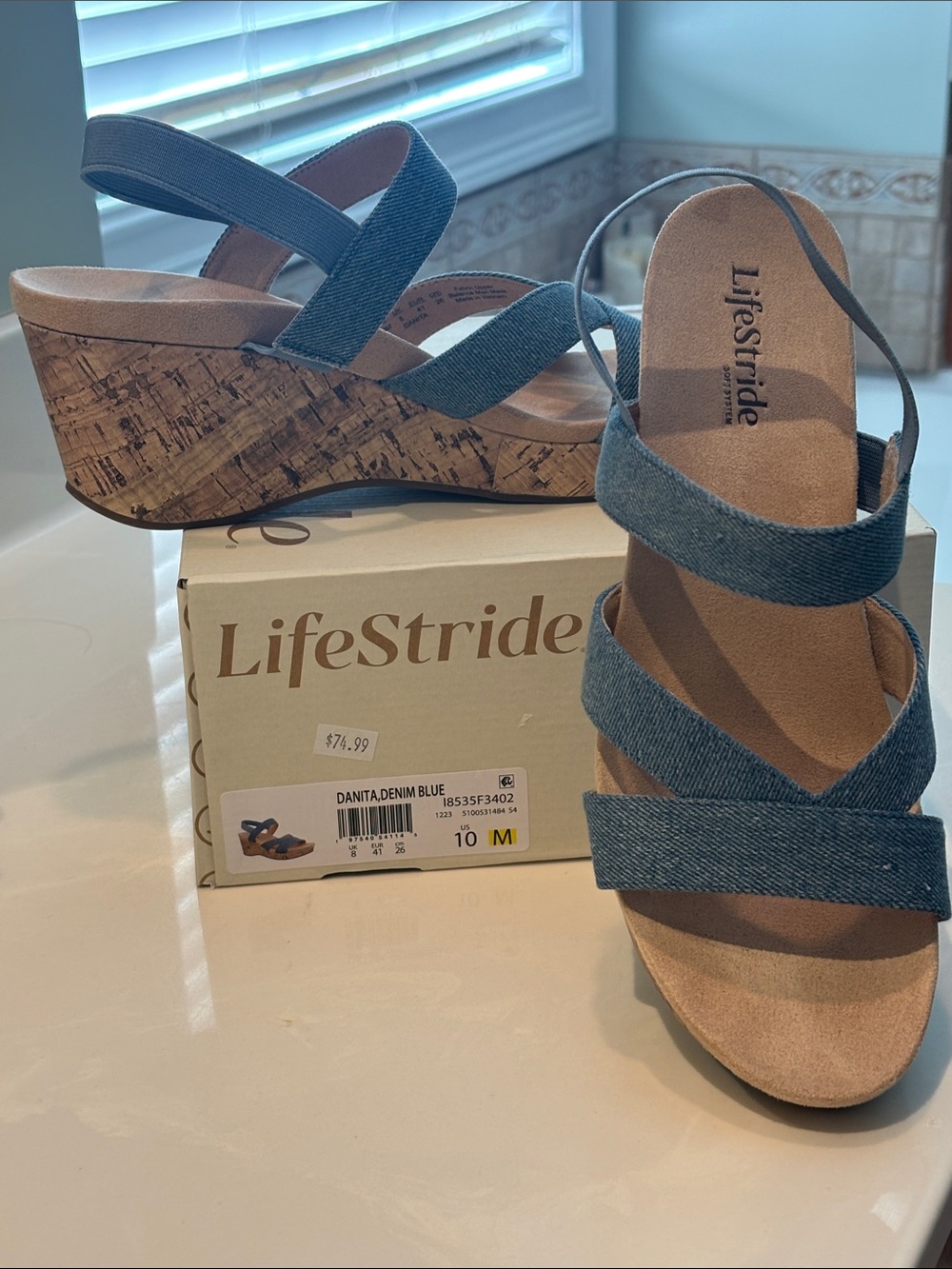 Life Stride Denim Blue Cork Wedge Sandals